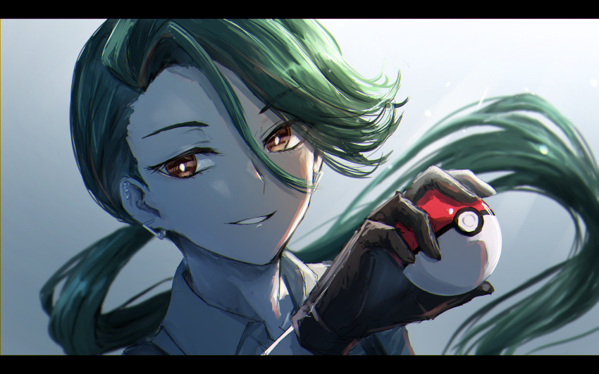 1girl absurdres bangs bright_pupils brown_eyes collared_shirt commentary_request floating_hair gloves green_hair hair_between_eyes hand_up highres holding holding_poke_ball letterboxed long_hair looking_at_viewer parted_lips poke_ball poke_ball_(basic) pokemon pokemon_(game) pokemon_sv ponytail portrait rika_(pokemon) saikisaika shirt smile solo white_pupils