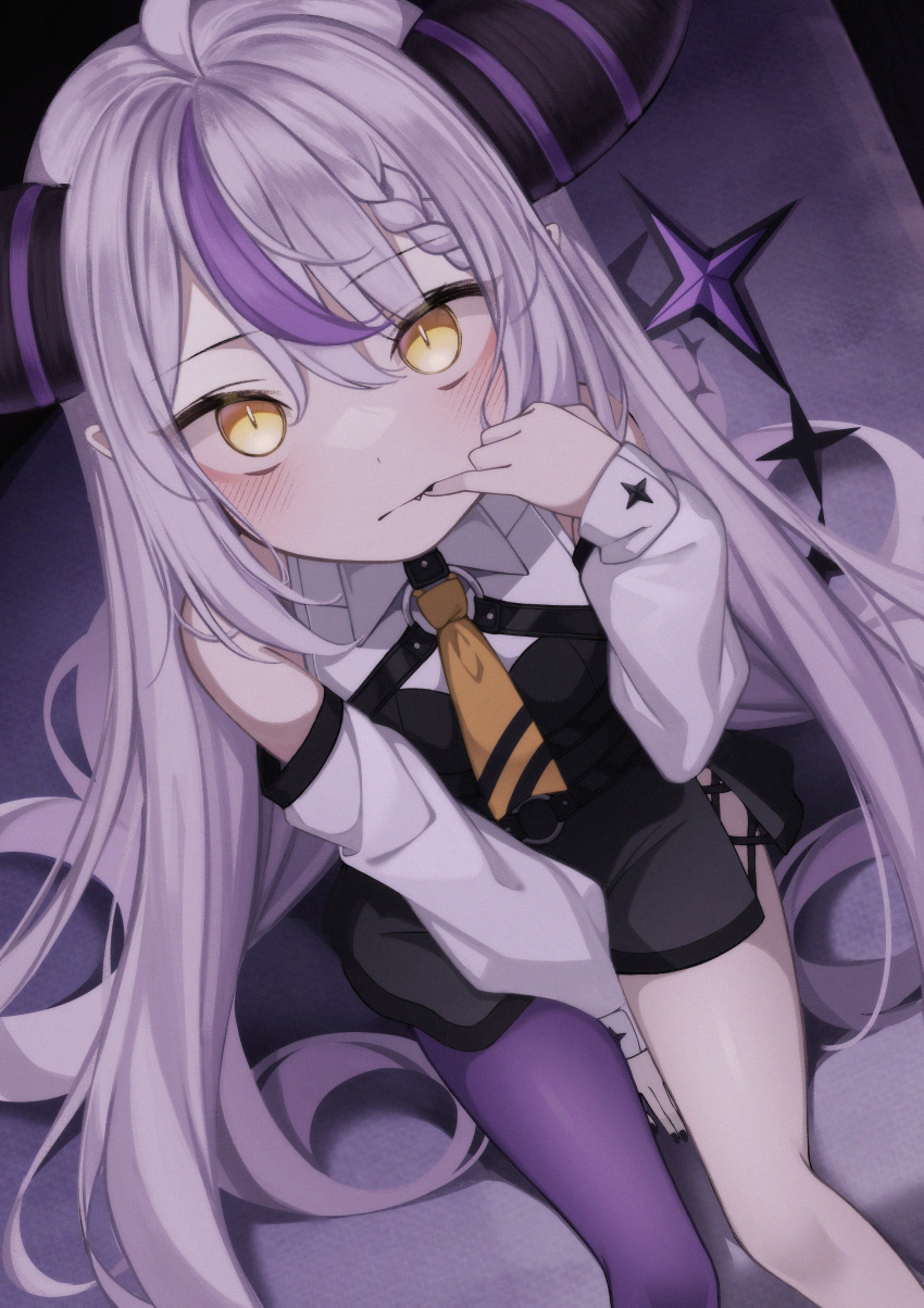 1girl absurdres bangs blush braid detached_sleeves fang fang_out highres hololive horns karou_(lhscck302) la+_darknesss long_hair looking_at_viewer multicolored_hair necktie pointy_ears purple_hair purple_thighhighs single_thighhigh sitting solo tail thigh-highs two-tone_hair virtual_youtuber yellow_eyes