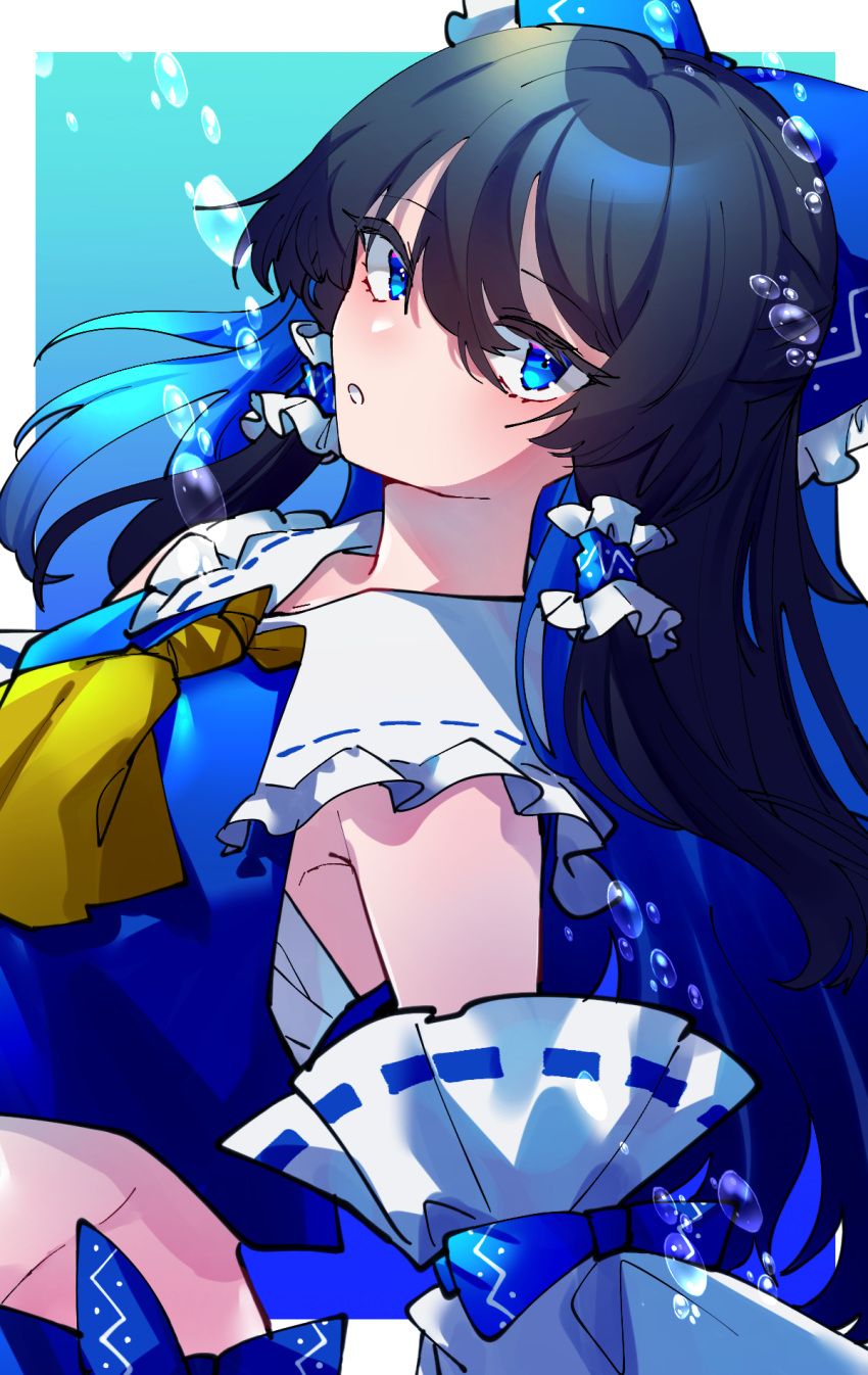 1girl alternate_color armpit_crease ascot bangs bare_shoulders black_hair blue_background blue_bow blue_eyes blue_shirt border bow breasts bubble collared_shirt detached_sleeves dutch_angle frilled_bow frilled_hair_tubes frilled_shirt_collar frills gradient gradient_background hair_bow hair_tubes hakurei_reimu highres long_hair looking_at_viewer miko_(miko030751) player_2 ribbon-trimmed_sleeves ribbon_trim sarashi shirt sidelocks sleeveless sleeveless_shirt small_breasts solo touhou upper_body white_border white_sleeves yellow_ascot