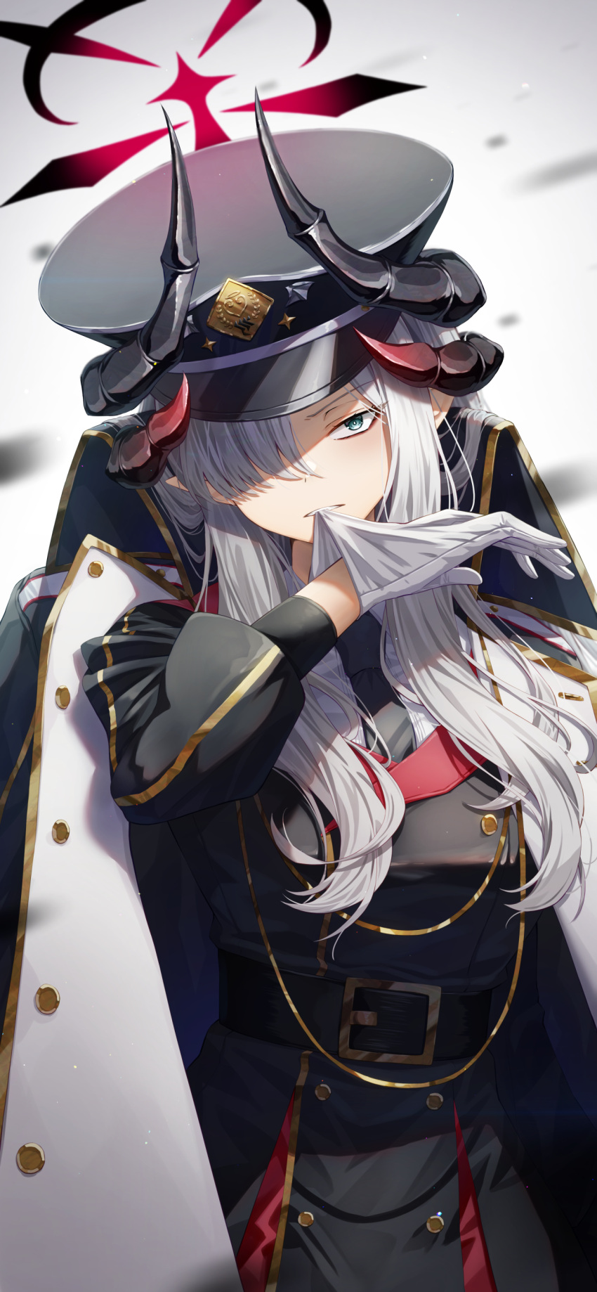 1girl absurdres adjusting_clothes bangs biting blue_archive blue_eyes buttons demon_horns glove_biting gloves grey_hair hair_over_one_eye halo hat highres horns kuria_(clear_trip_second) long_hair long_sleeves looking_at_viewer makoto_(blue_archive) military military_hat military_uniform mouth_hold multiple_horns peaked_cap simple_background solo uniform white_background white_gloves white_hair