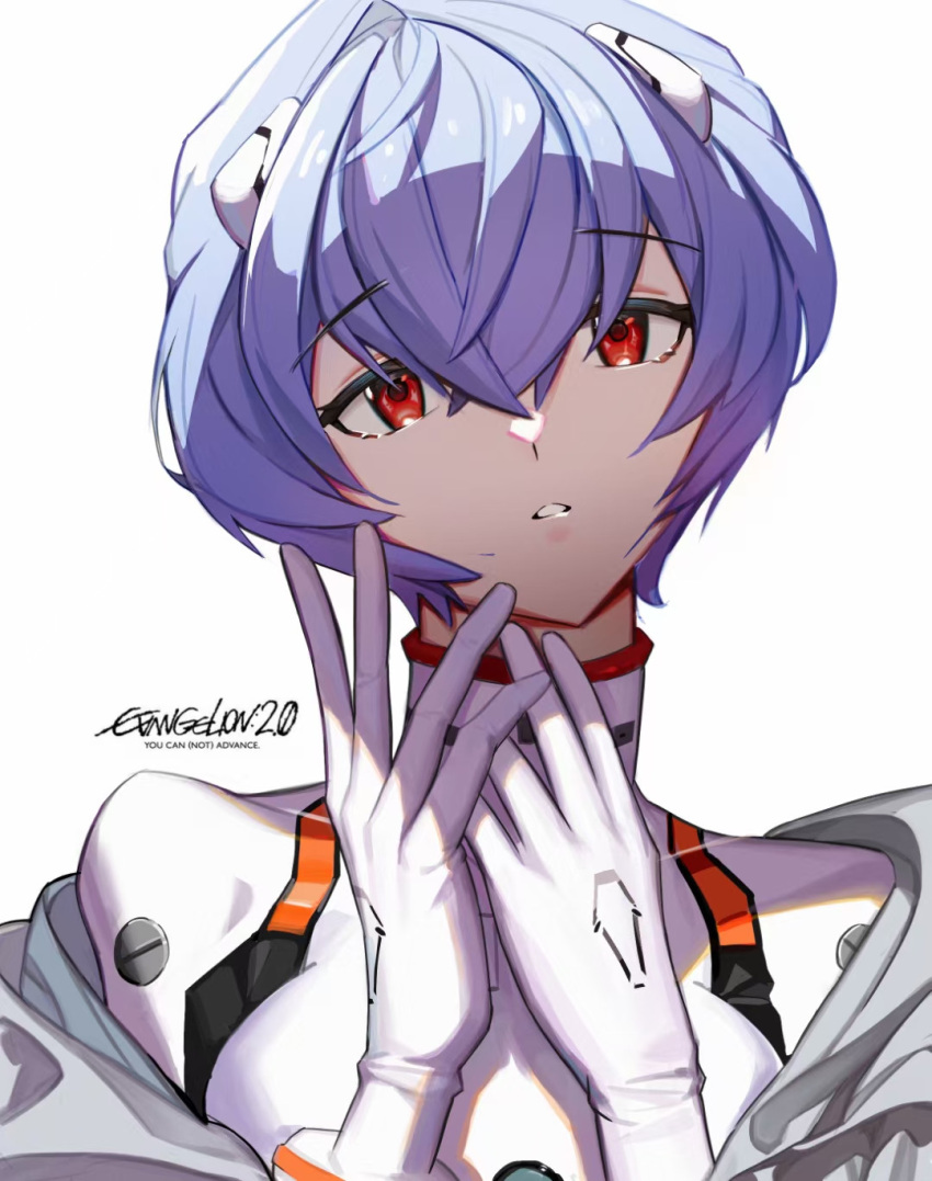 1girl ayanami_rei bangs blue_hair bodysuit coat eyebrows_hidden_by_hair gloves hair_between_eyes hair_ornament hairclip highres johnappleshow looking_at_viewer neon_genesis_evangelion open_clothes open_mouth red_eyes short_hair simple_background solo upper_body white_background white_gloves