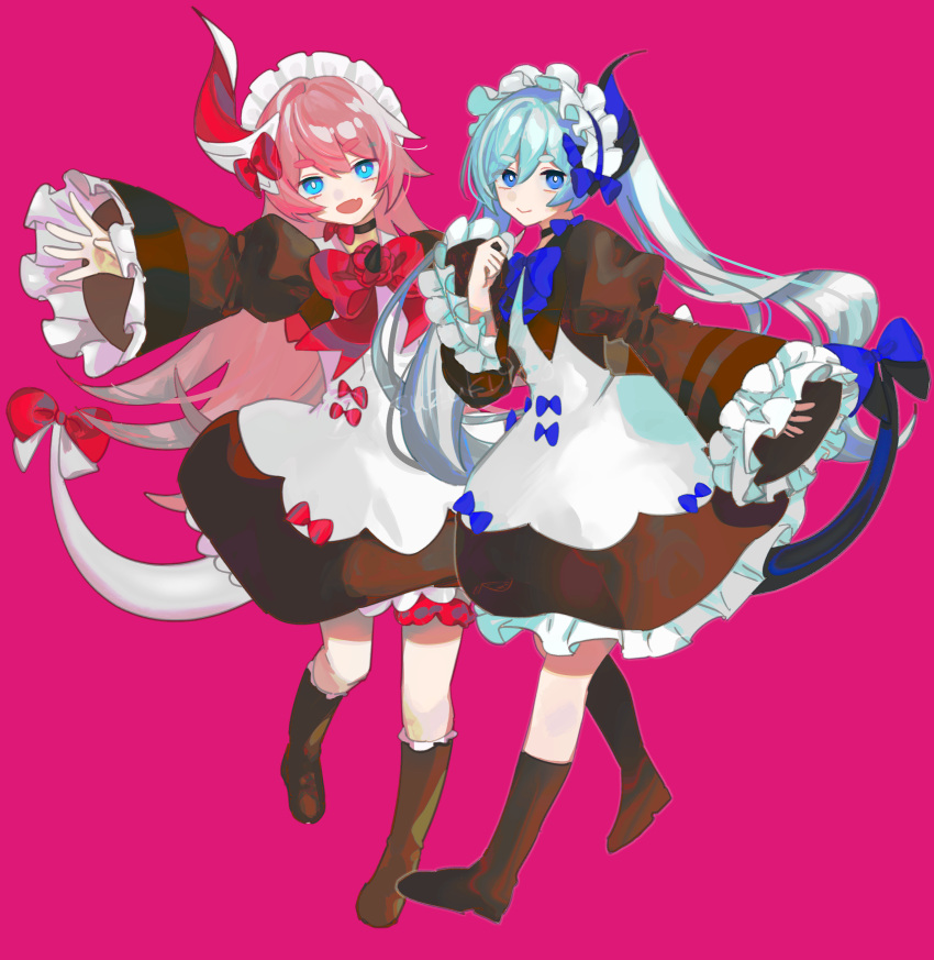 2girls :d absurdres alternate_costume apron bangs black_choker black_dress black_footwear blue_bow blue_eyes blue_hair blue_hairband boots bow choker closed_mouth commentary_request dress enmaided fang frilled_dress frilled_hairband frilled_sleeves frills hair_between_eyes hairband highres honkai_(series) honkai_impact_3rd horns juliet_sleeves knee_boots liliya_olenyeva long_hair long_sleeves looking_at_viewer maid maid_headdress multiple_girls pink_hair puffy_sleeves purple_background red_bow rozaliya_olenyeva short_eyebrows siblings simple_background single_horn sisters sleeves_past_wrists smile tail tail_bow tail_ornament thick_eyebrows tsuzuki908 twins twintails twitter_username very_long_hair watermark white_apron wide_sleeves