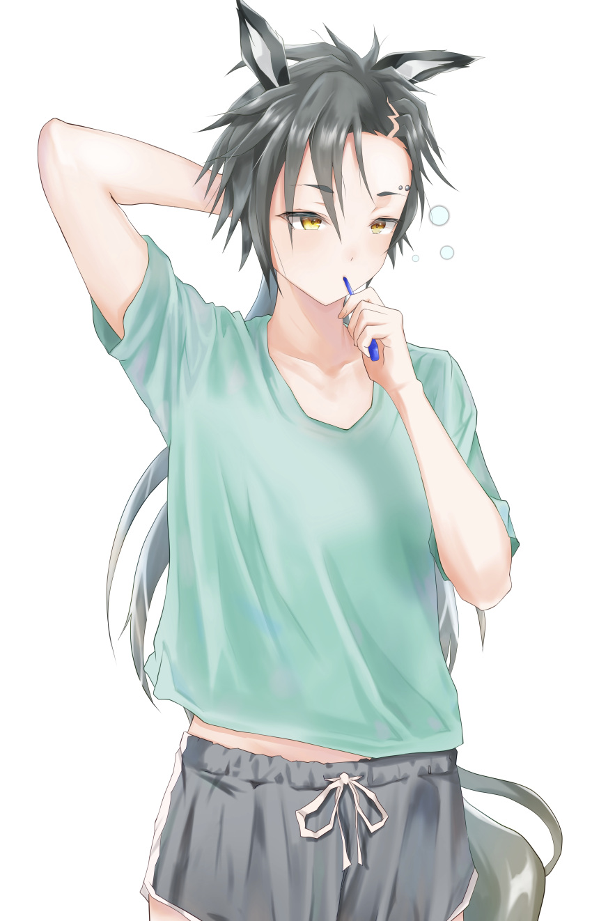 1girl absurdres air_shakur_(umamusume) animal_ears arm_behind_head arm_up black_hair black_shorts blue_shirt brown_eyes brushing_teeth commentary_request eyebrow_piercing highres holding holding_toothbrush horse_ears horse_girl horse_tail long_hair looking_away piercing shirt short_shorts short_sleeves shorts simple_background solo tail thick_eyebrows toothbrush umamusume very_long_hair white_background yokintsutyo357