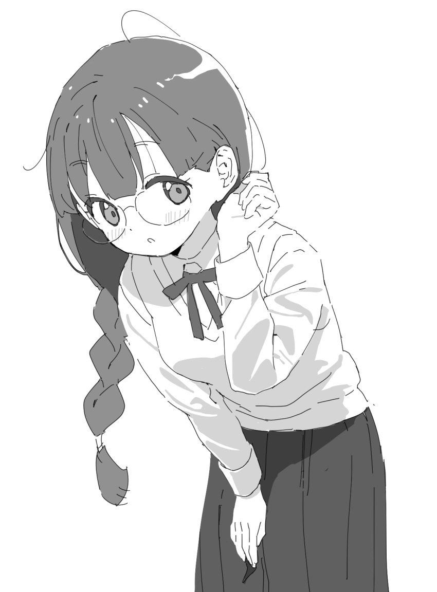 1girl :o adjusting_hair bangs blunt_bangs blush braid clenched_hand do_it_yourself!! dot_nose feet_out_of_frame glasses greyscale hair_behind_ear hair_tucking hand_on_own_knee hand_up highres hikage_takumi leaning_forward long_hair long_sleeves looking_at_viewer looking_to_the_side looking_up monochrome neck_ribbon oda_ya_ka parted_lips pleated_skirt ribbon round_eyewear school_uniform semi-rimless_eyewear side_braid simple_background single_braid skirt solo standing sweater_vest tareme under-rim_eyewear white_background