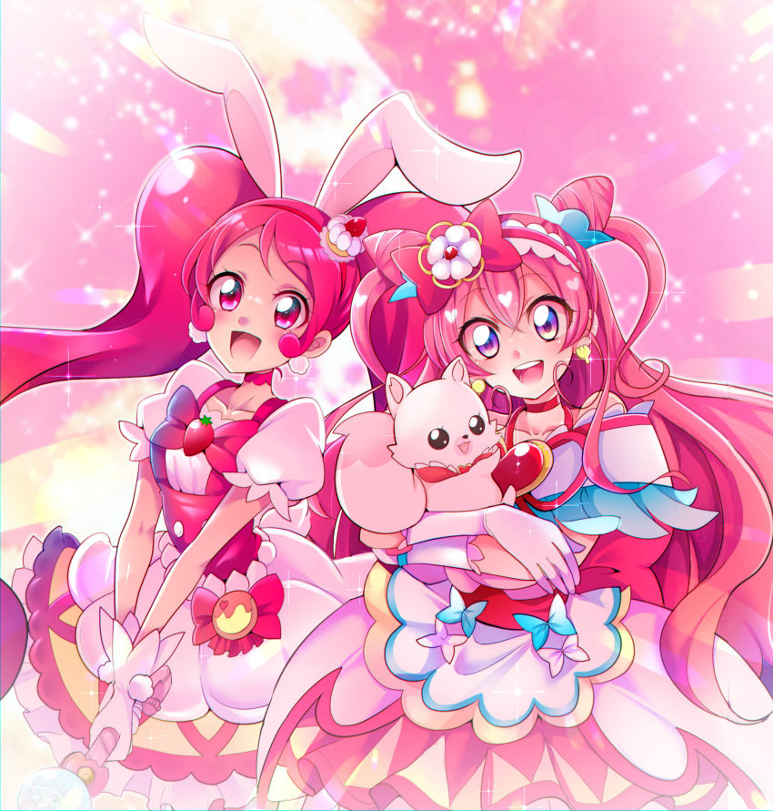 2girls absurdres cake_hair_ornament choker commentary_request cure_precious cure_whip delicious_party_precure earrings food-themed_hair_ornament gloves hair_ornament highres jewelry kirakira_precure_a_la_mode kome-kome_(precure) magical_girl mitsuki_tayura multiple_girls open_mouth pink_choker pink_eyes pink_hair pom_pom_(clothes) pom_pom_earrings precure puffy_short_sleeves puffy_sleeves short_sleeves smile twintails two_side_up white_gloves