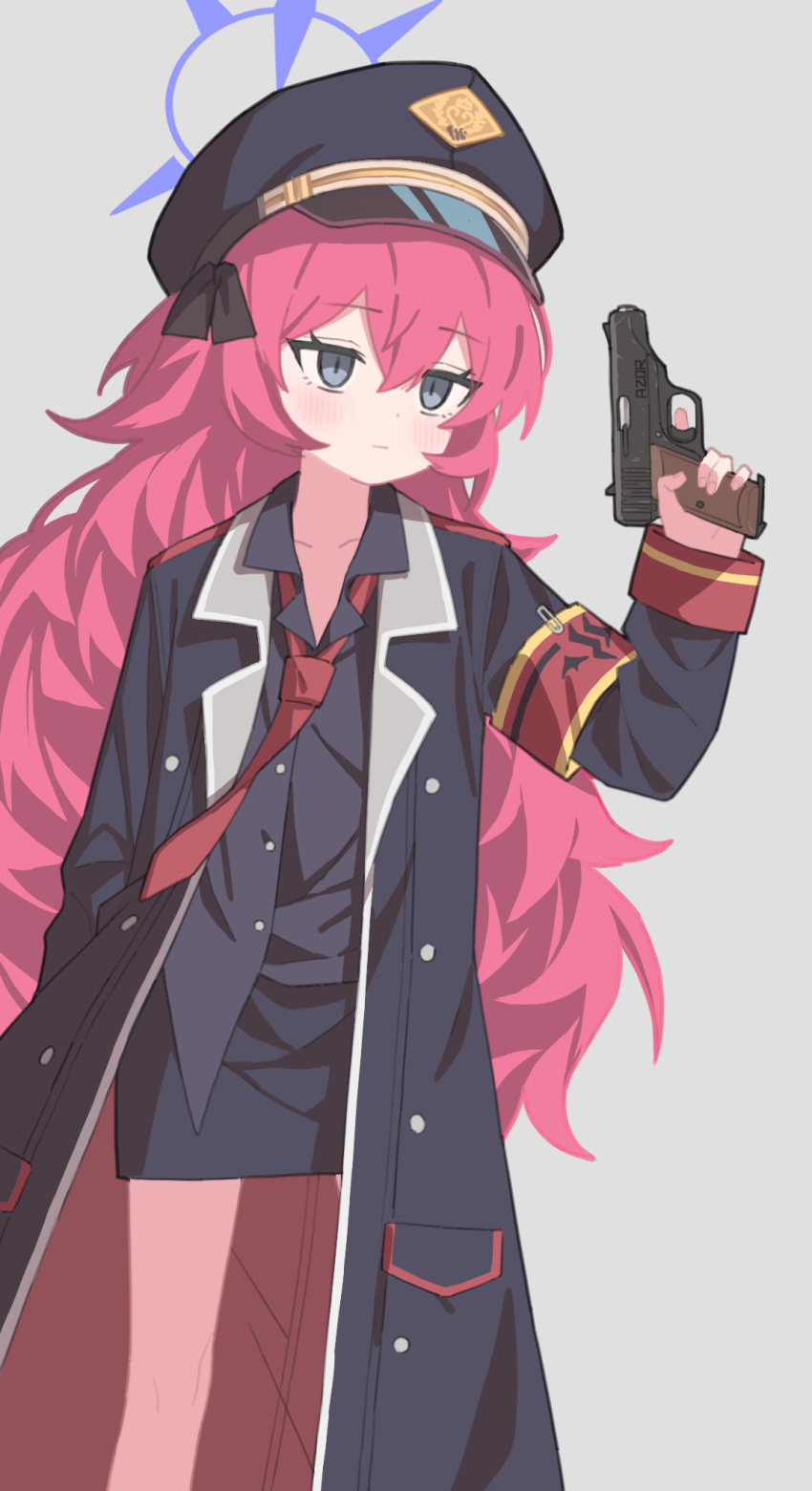 1girl armband bangs bare_legs black_coat blue_archive closed_mouth coat collarbone collared_shirt crossed_bangs expressionless feet_out_of_frame grey_background grey_eyes gun halo hand_in_pocket hand_up handgun hat highres holding holding_gun holding_weapon iroha_(blue_archive) jitome light_blush long_hair long_sleeves messy_hair military military_uniform necktie open_clothes open_coat passersby peaked_cap pencil_skirt popped_collar red_armband red_necktie redhead safety_pin shirt sidelocks simple_background skirt slit_pupils solo uniform untucked_shirt walther walther_ppk wavy_hair weapon