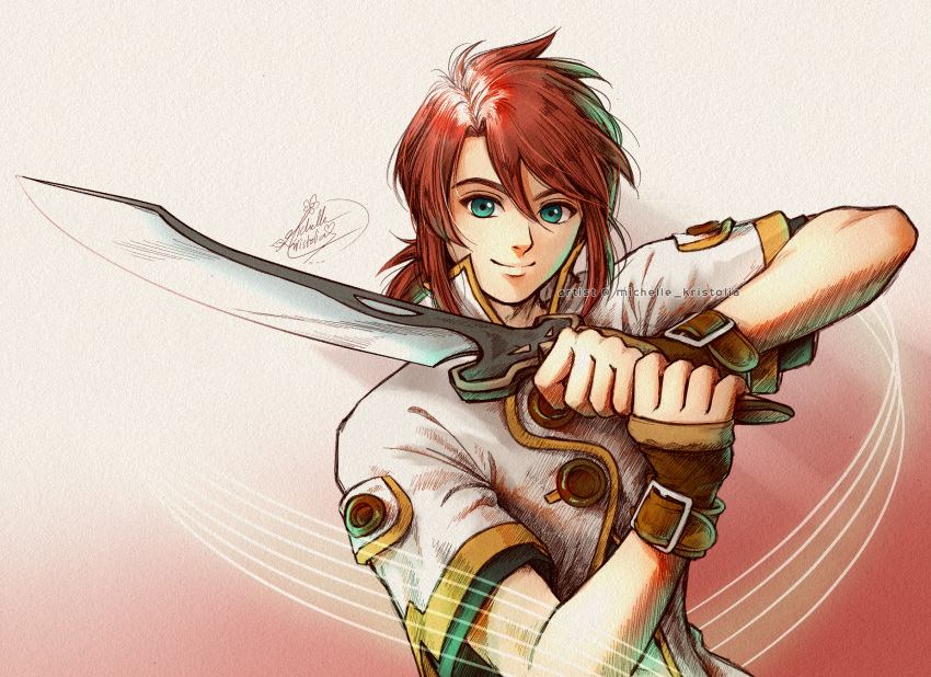 1boy artist_name bangs brown_gloves buttons closed_mouth fingerless_gloves gloves green_eyes high_collar highres holding holding_sword holding_weapon jacket looking_at_viewer luke_fon_fabre male_focus michelle_kristolia redhead short_hair short_sleeves signature smile solo sword tales_of_(series) tales_of_the_abyss upper_body weapon white_jacket