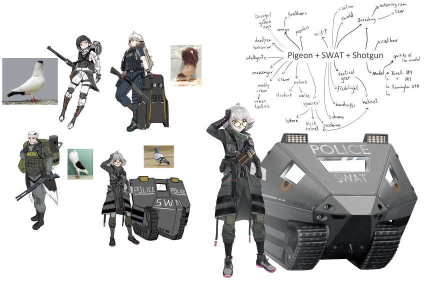 1boy 3girls arm_up bird caterpillar_tracks commission english_commentary fingerless_gloves full_body glass gloves grey_hair ground_vehicle gun haonfest highres knee_pads long_sleeves looking_ahead mecha military military_vehicle motor_vehicle multiple_girls multiple_views orange_eyes original robot shotgun simple_background solo standing tactical_clothes techwear weapon white_background