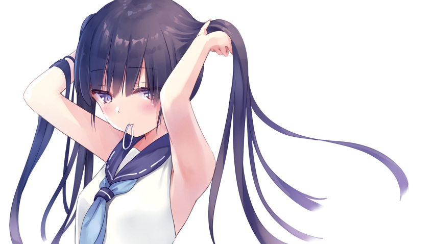 1girl armpits arms_up bangs black_hair blue_neckerchief blush breasts closed_mouth commentary_request hair_tie_in_mouth highres long_hair looking_at_viewer mouth_hold na-ga neckerchief original sidelocks simple_background small_breasts solo tank_top twintails tying_hair upper_body violet_eyes white_background white_tank_top
