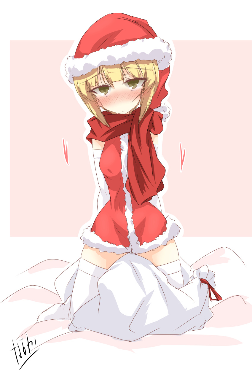 1girl absurdres arms_behind_back artist_name bangs bed_sheet blonde_hair blunt_bangs blush bob_cut christmas closed_mouth commentary cutlass_(girls_und_panzer) dress elbow_gloves embarrassed fidgeting full_body fur-trimmed_dress fur_trim girls_und_panzer gloves hat highres kneeling light_frown looking_at_viewer microdress naruka_box on_bed outline red_scarf sack santa_dress santa_hat scarf short_hair signature sleeveless sleeveless_dress solo thigh-highs white_gloves white_outline white_thighhighs yellow_eyes