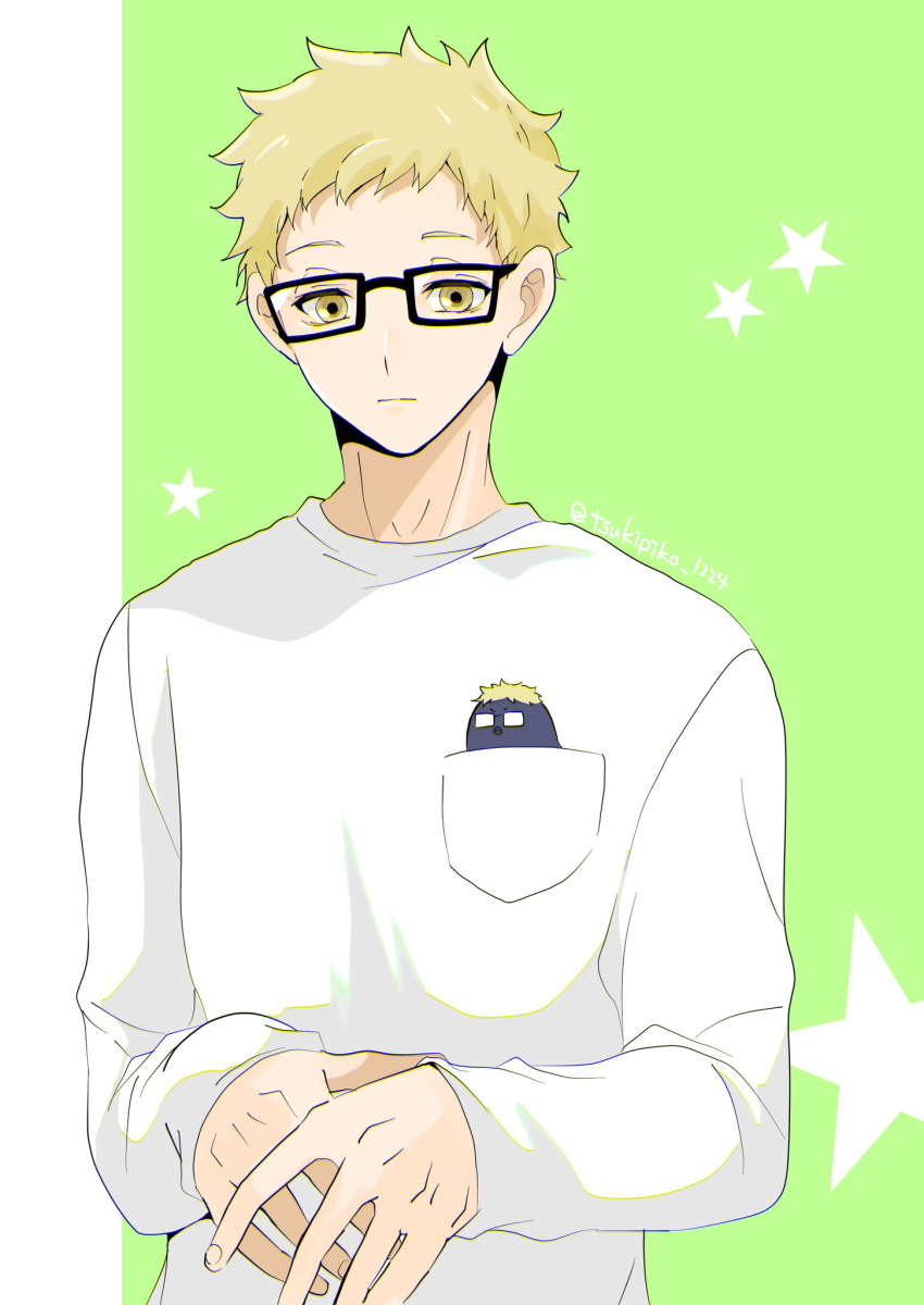 1boy blonde_hair brown_eyes character_doll glasses green_background haikyuu!! highres long_sleeves looking_at_viewer male_focus pocket shirt solo starry_background tomopiko_1224 tsukishima_kei upper_body white_shirt