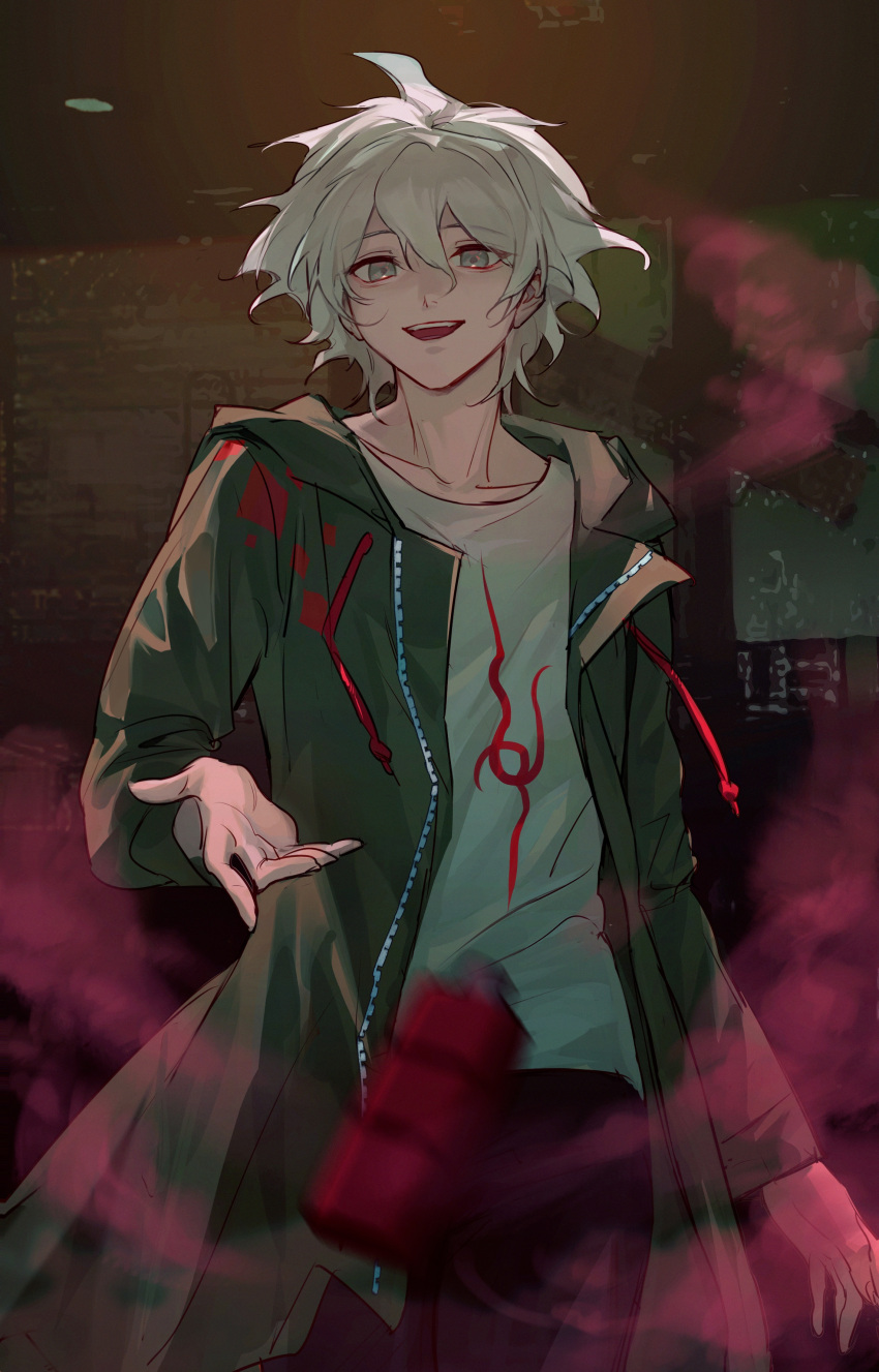 1boy :d absurdres arm_at_side bangs black_pants bottle chinese_commentary collarbone commentary_request cowboy_shot danganronpa_(series) danganronpa_2:_goodbye_despair eyes_visible_through_hair green_jacket grey_eyes grey_hair hair_between_eyes highres hood hood_down hooded_jacket indoors jacket komaeda_nagito long_sleeves looking_at_viewer male_focus messy_hair motion_blur open_mouth pants reaching_towards_viewer shirt short_hair smile smoke solo standing throwing white_shirt zhongmu