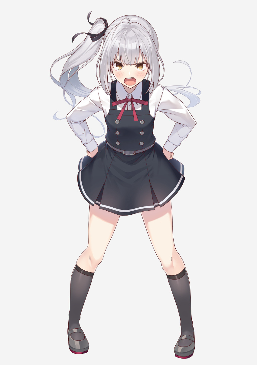1girl absurdres bangs belt black_ribbon black_socks blush brown_eyes commentary_request dress full_body grey_hair hair_ribbon highres kantai_collection kasumi_(kancolle) long_hair long_sleeves looking_at_viewer nueco open_mouth pinafore_dress red_ribbon ribbon school_uniform shirt side_ponytail simple_background socks solo standing white_background white_shirt