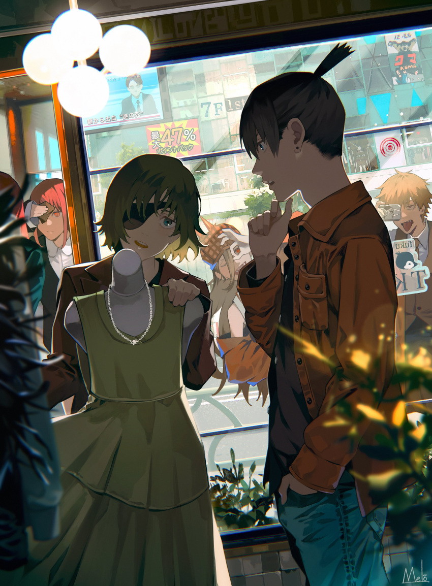 3boys 4girls absurdres bangs black_hair black_shirt blonde_hair blue_eyes brown_jacket brown_necktie camera chainsaw_man coat collared_shirt covering_eyes cross-shaped_pupils deerstalker denji_(chainsaw_man) dress earrings eyepatch fangs finger_to_own_chin green_dress green_eyes hand_in_pocket hand_on_window hat hayakawa_aki highres himeno_(chainsaw_man) holding holding_camera holding_handkerchief jacket jewelry kyuuba_melo looking_at_another makima_(chainsaw_man) medium_hair multiple_boys multiple_girls necklace necktie ok_sign ok_sign_over_eye one_eye_closed plant power_(chainsaw_man) red_eyes redhead ringed_eyes sharp_teeth shirt shopping short_hair stud_earrings sweater_vest symbol-shaped_pupils target_(store) teeth television tongue tongue_out topknot white_shirt window yonezu_kenshi_(person)