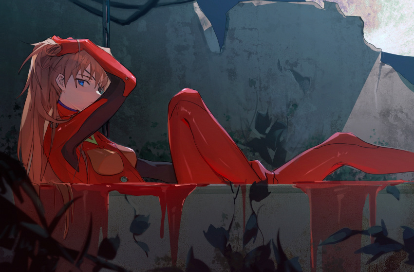 1girl absurdres arm_up bangs bathtub blue_eyes bodysuit day dripping expressionless eyepatch foot_out_of_frame from_side hand_in_own_hair hand_on_own_head hand_on_own_leg highres knee_up lcl leaf long_hair looking_at_viewer lying neon_genesis_evangelion on_back one_eye_covered orange_hair outdoors partially_submerged plugsuit red_bodysuit rubble ruins solo souryuu_asuka_langley two_side_up zhongmu