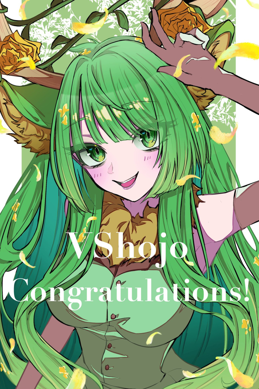 1girl animal_ear_fluff animal_ears antler_ornament antlers blush breasts deer_ears dradra_tw dress elbow_gloves english_commentary english_text eyes_visible_through_hair flower gloves green_dress green_eyes green_hair hair_flower hair_ornament haruka_karibu highres large_breasts long_hair looking_at_viewer open_mouth reindeer_antlers reindeer_girl virtual_youtuber vshojo white_gloves