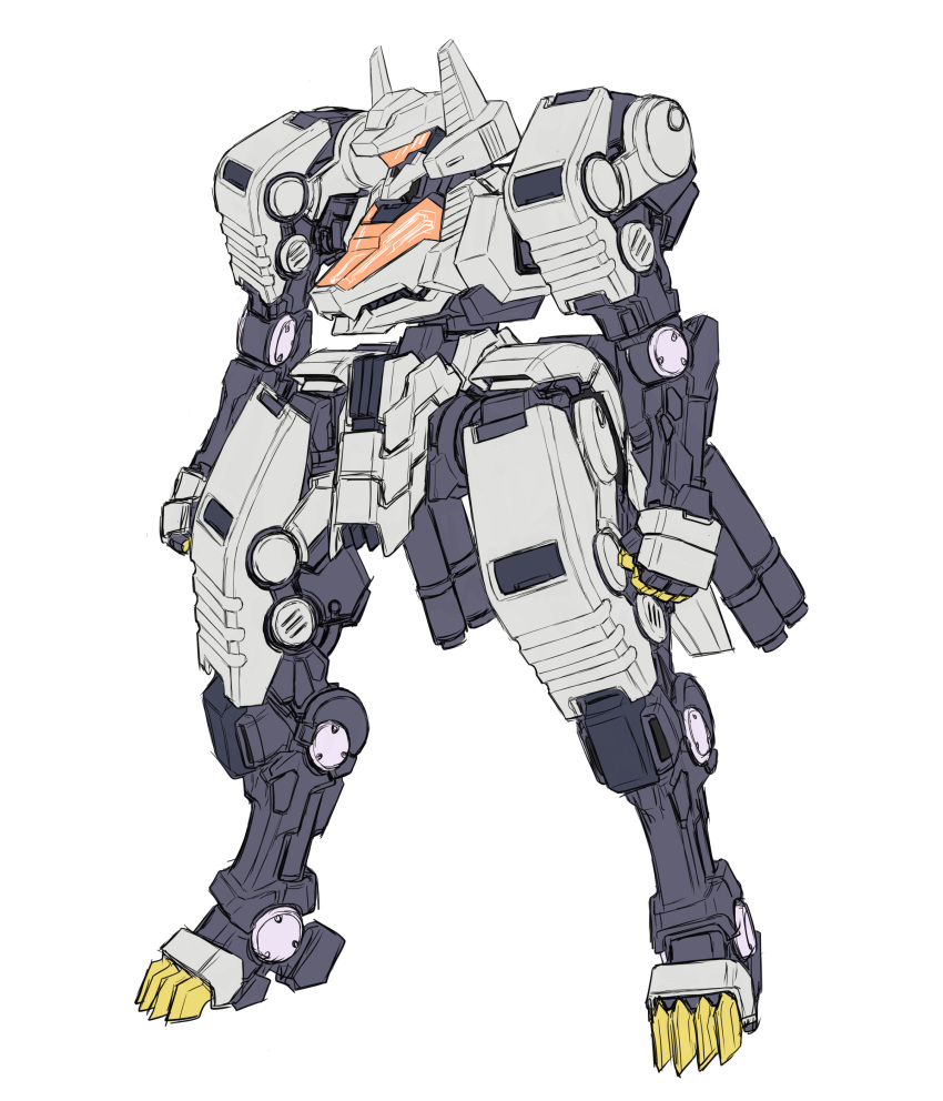 absurdres assault_visor clenched_hands command_wolf commentary_request full_body highres mecha mituo_sakinori no_humans redesign robot science_fiction shirt solo white_shirt zoids