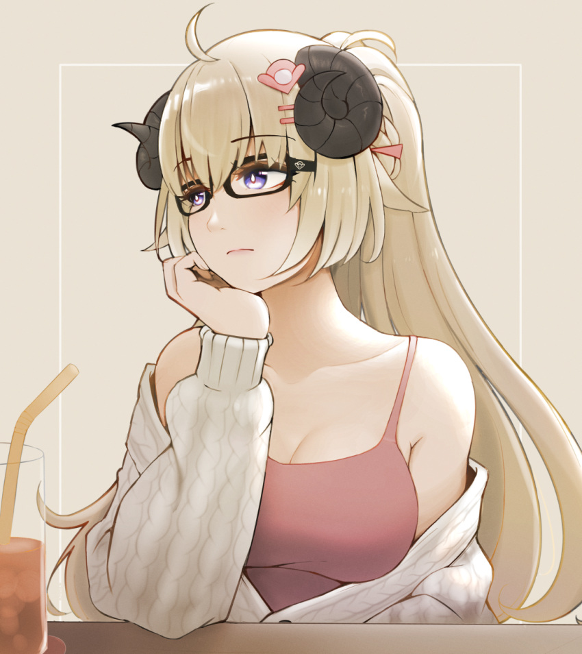 ahoge animal_ears armpit_crease bare_shoulders bespectacled blonde_hair braid breasts bright_pupils camisole cardigan coaster collarbone cup curled_horns drink drinking_glass drinking_straw elbow_on_table frown glasses hair_ornament hairclip half_updo hand_on_own_chin highres hololive horns large_breasts long_hair looking_to_the_side m_r_b red_camisole sheep_ears sheep_girl sheep_horns simple_background tsunomaki_watame very_long_hair violet_eyes virtual_youtuber white_cardigan white_pupils