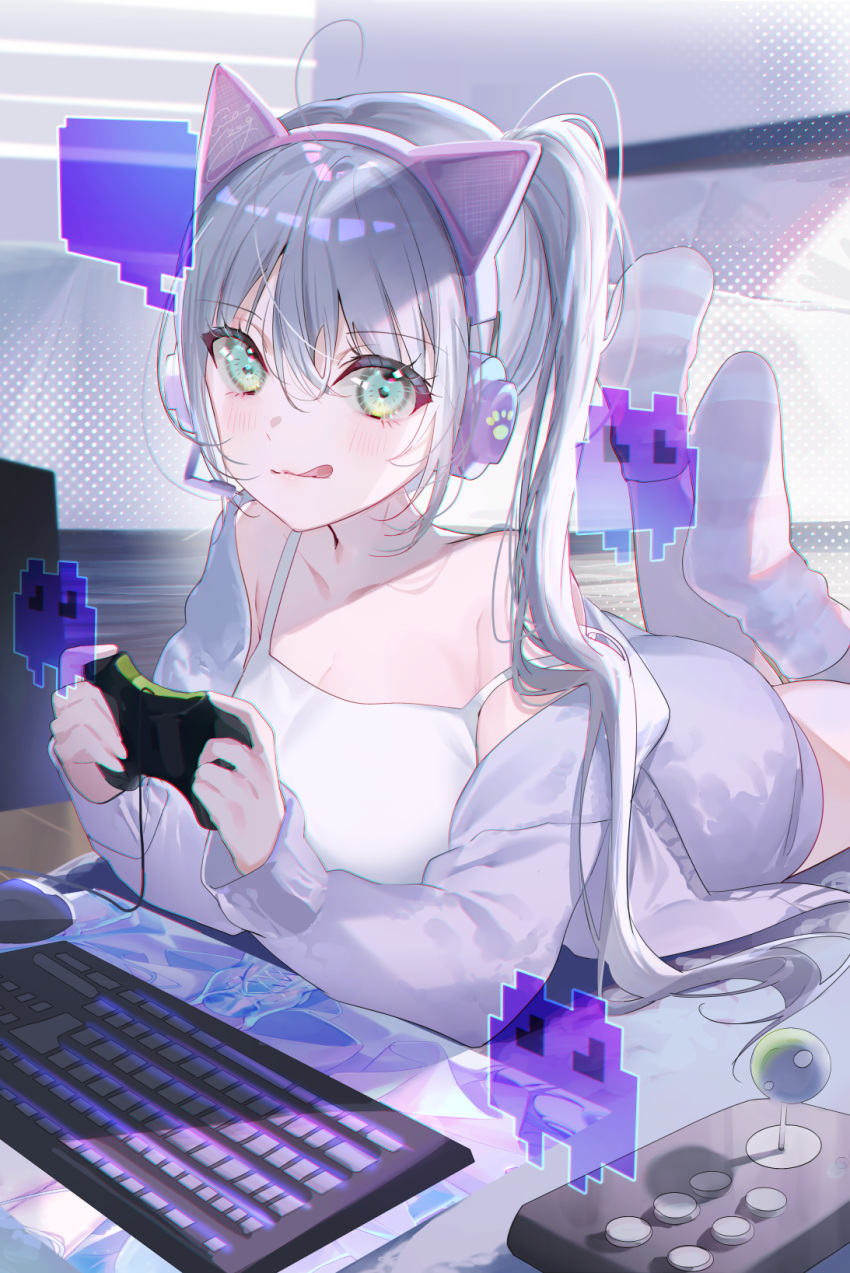 1girl :p animal_ear_headphones animal_ears blush cardigan cat_ear_headphones collarbone day fake_animal_ears green_eyes grey_hair headphones highres indoors keyboard_(computer) legs_up lying miwano_rag mouse_(computer) off_shoulder on_stomach open_cardigan open_clothes original playing_games puckered_lips purple_shorts purple_sweater shiny shiny_hair shorts socks solo sweater tank_top tongue tongue_out video_game white_socks white_tank_top