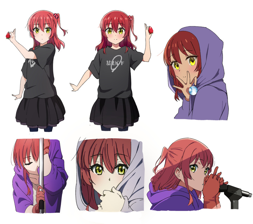 1girl absurdres bangs black_skirt bocchi_the_rock! closed_eyes closed_mouth deng_jak food fruit green_eyes hair_between_eyes highres holding holding_microphone hood hood_up hoodie k-on! kita_ikuyo long_hair looking_at_viewer microphone one_side_up open_mouth pleated_skirt purple_hoodie redhead simple_background skirt smile solo standing strawberry white_background