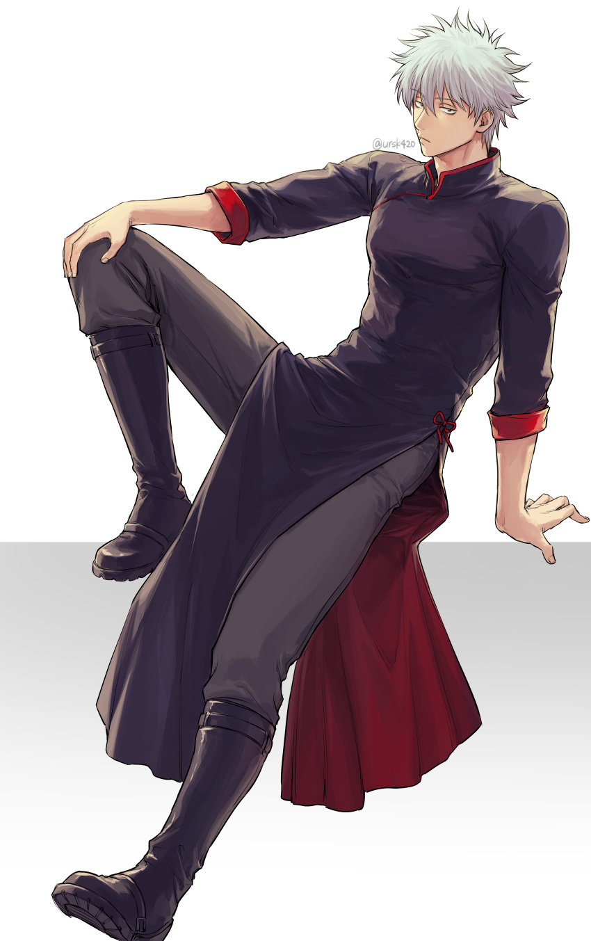 1boy absurdres bangs black_footwear boots chinese_clothes closed_mouth gintama gradient gradient_background grey_background grey_hair grey_pants hair_between_eyes hand_on_own_knee highres knee_up long_sleeves looking_at_viewer male_focus pants pelvic_curtain red_eyes sakata_gintoki sitting solo twitter_username two-tone_background uraki_(tetsu420) white_background