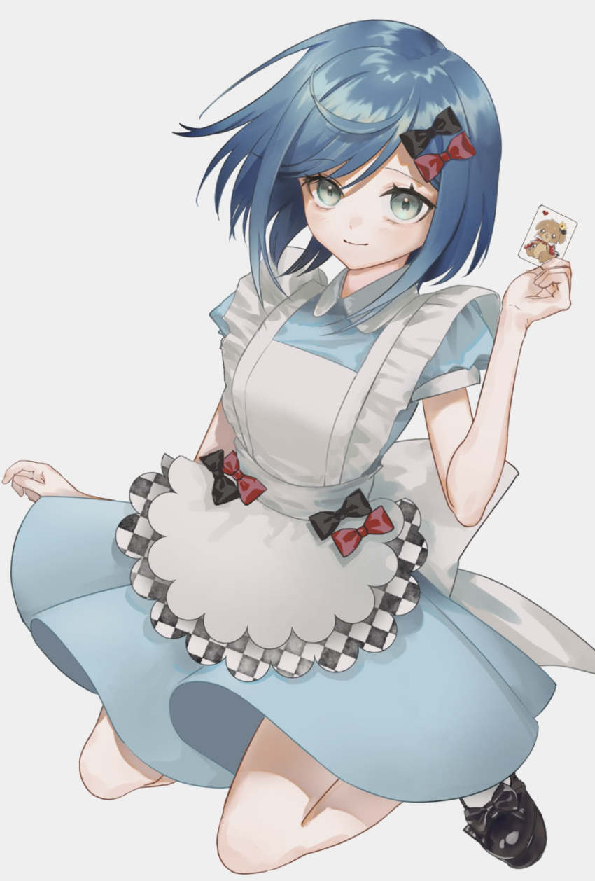 1girl alice_(alice_in_wonderland) alice_(alice_in_wonderland)_(cosplay) apron aqua_eyes bangs black_bow black_footwear blue_dress blue_hair bow card cosplay delicious_party_precure dress fuwa_kokone hair_bow highres playing_card precure red_bow shioremon short_hair short_sleeves solo