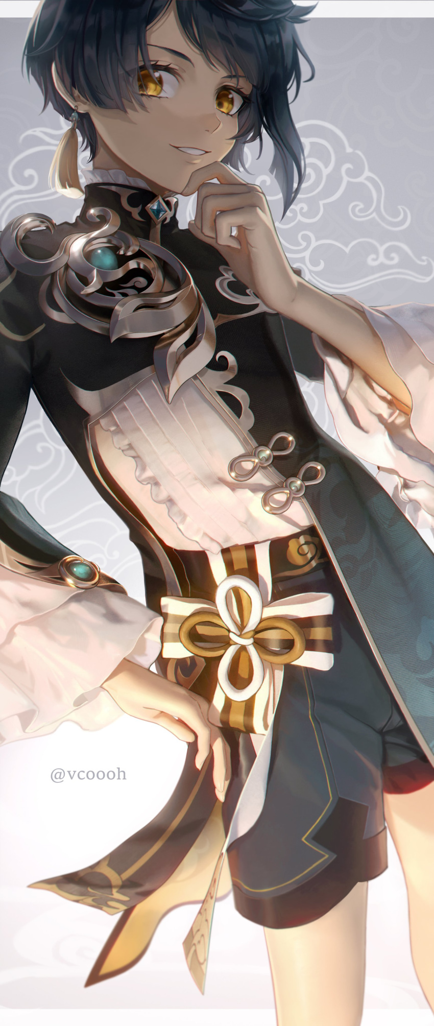 1boy absurdres artist_name asymmetrical_bangs bangs bishounen blue_hair earrings finger_to_own_chin fingernails frilled_sleeves frills genshin_impact highres jewelry long_sleeves looking_at_viewer male_focus parted_lips ribbon shirt simple_background single_earring smile solo vcoooh xingqiu_(genshin_impact) yellow_eyes