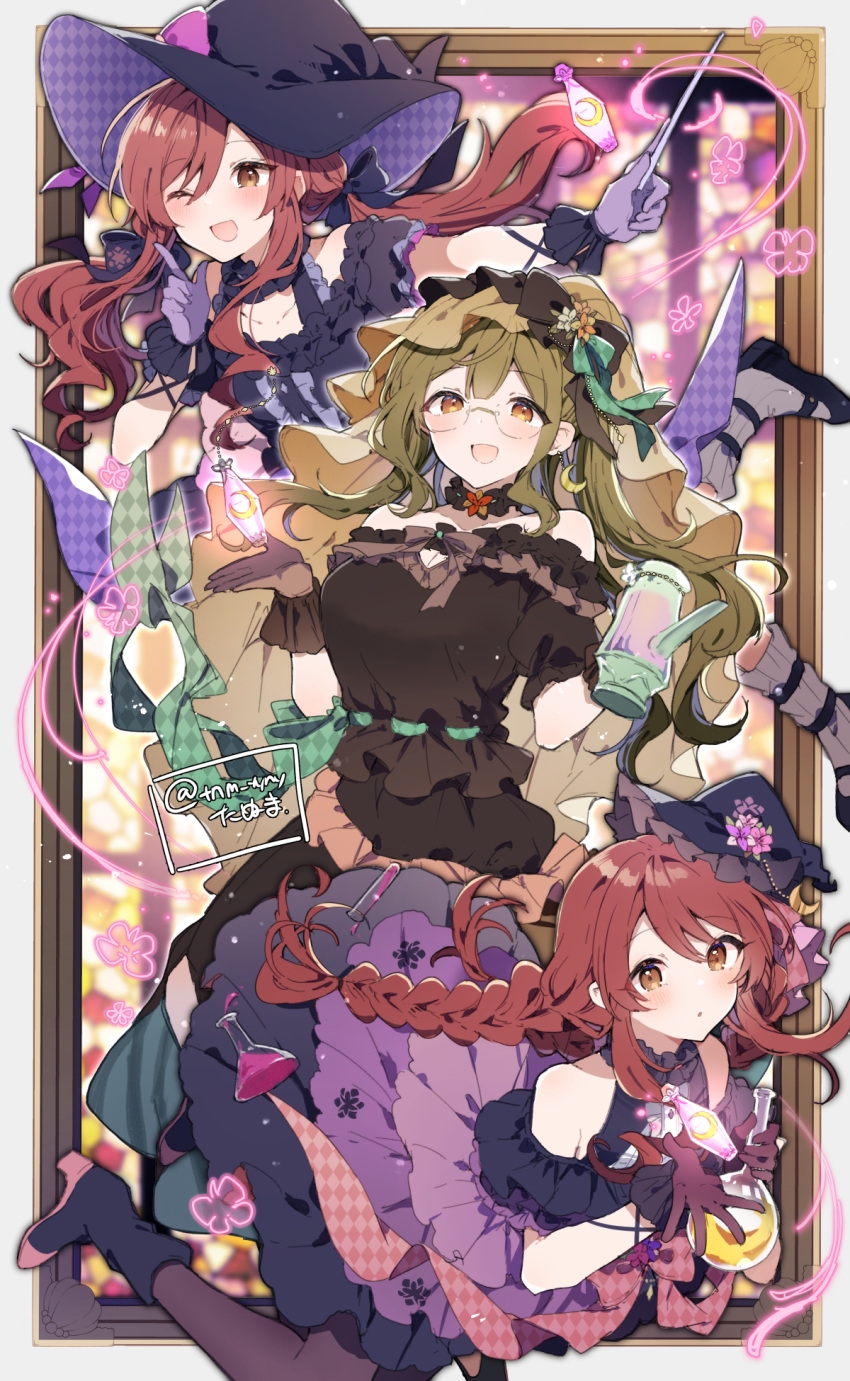 3girls alstroemeria_(idolmaster) bangs bare_shoulders beaker black_pantyhose blush boots braid brown_dress brown_hair collarbone dress finger_to_mouth flask glasses gloves hair_between_eyes hair_ornament hat highres holding holding_wand idolmaster idolmaster_shiny_colors ikeuchi_tanuma index_finger_raised kuwayama_chiyuki long_hair looking_at_viewer mini_hat multiple_girls official_alternate_costume official_alternate_hairstyle one_eye_closed open_mouth osaki_amana osaki_tenka pantyhose potion purple_dress purple_gloves redhead round-bottom_flask siblings sisters sleeveless sleeveless_dress smile swept_bangs twin_braids twins twintails wand witch_hat yellow_eyes