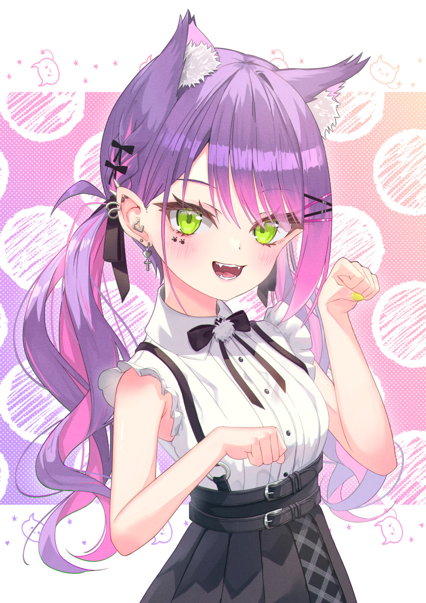 1girl 333shishishi333 :d animal_ear_fluff animal_ears bangs bare_arms belt belt_buckle black_bow black_bowtie black_ribbon black_skirt blush bow bowtie braid breasts buckle cat_ears collared_shirt commentary_request cross cross_earrings dress_shirt ear_piercing earrings extra_ears eyes_visible_through_hair facial_mark fangs fingernails frilled_shirt frills gradient_hair green_eyes hair_bow hair_ornament hair_ribbon hairclip hands_up heart heart_earrings high-waist_skirt highres hololive hoop_earrings jewelry kemonomimi_mode long_hair looking_at_viewer low_twintails medium_breasts multicolored_hair multicolored_nails nail_polish o-ring paw_pose paw_print piercing pink_hair pink_nails pleated_skirt pointy_ears purple_hair ribbon shiny shiny_hair shirt skirt sleeveless sleeveless_shirt smile solo spiked_ear_piercing suspender_skirt suspenders swept_bangs teeth tokoyami_towa tongue twintails two-tone_hair virtual_youtuber white_shirt x_hair_ornament yellow_nails