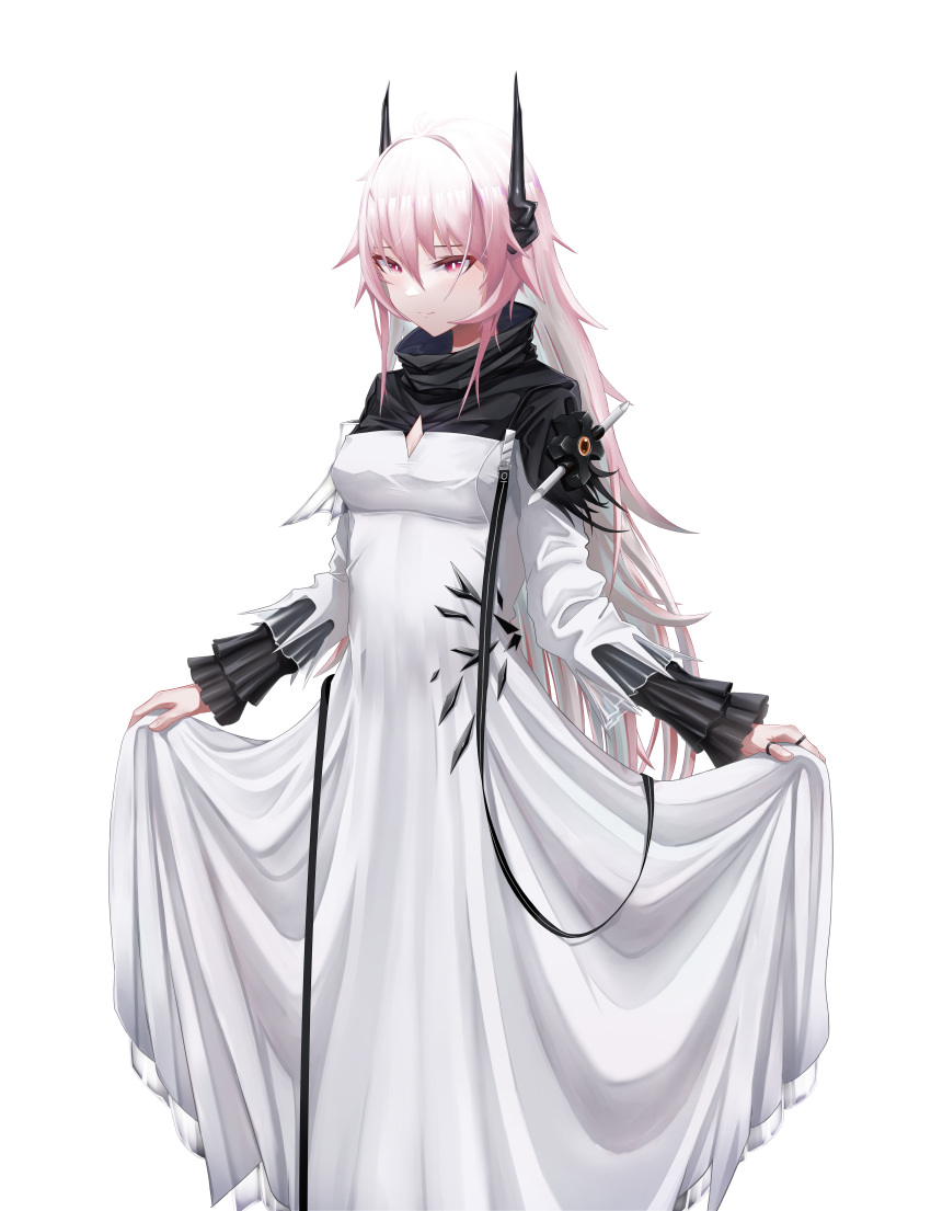 1girl absurdres arknights breasts cleavage_cutout clothing_cutout dress frilled_sleeves frills highres horns kafu_(kafu6416) mechanical_horns oripathy_lesion_(arknights) pink_eyes pink_hair skirt_hold solo theresa_(arknights) white_background white_dress