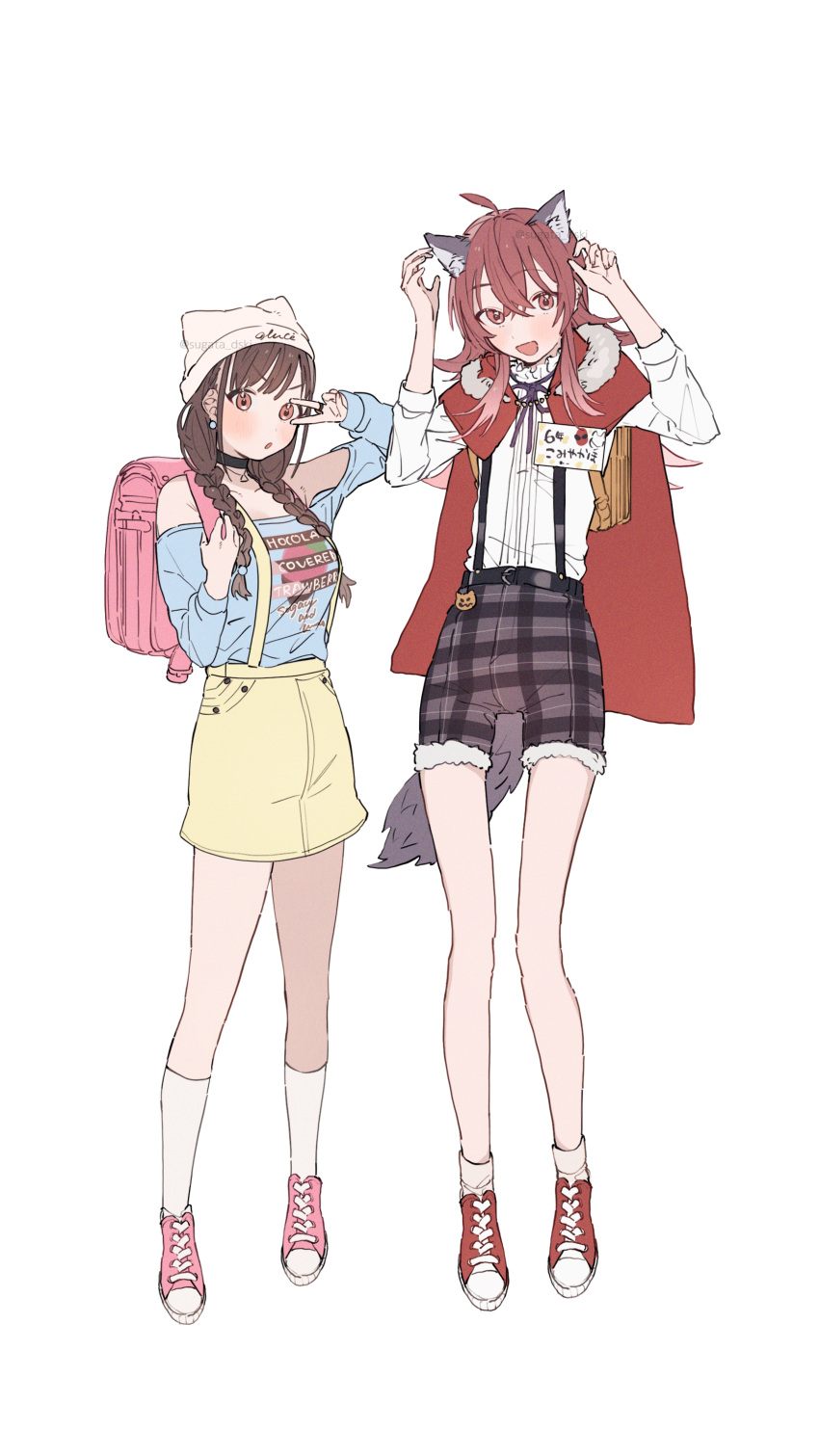 2girls absurdres ahoge animal_ears backpack bag braid brown_eyes brown_hair cape choker commentary_request full_body hat height_difference highres idolmaster idolmaster_shiny_colors kneehighs komiya_kaho long_hair looking_at_viewer low_twin_braids multiple_girls off-shoulder_shirt off_shoulder plaid plaid_shorts randoseru shirt shoes shorts skirt sneakers socks sonoda_chiyoko sugata_dski suspenders tail twin_braids v white_background white_shirt white_socks wolf_ears wolf_tail yellow_skirt