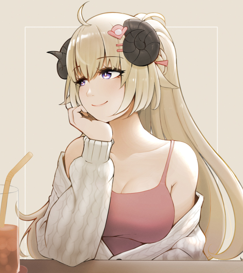 ahoge animal_ears armpit_crease bare_shoulders blonde_hair braid breasts bright_pupils camisole cardigan coaster collarbone cup curled_horns drink drinking_glass drinking_straw elbow_on_table hair_ornament hairclip half_updo hand_on_own_chin highres hololive horns large_breasts long_hair looking_to_the_side m_r_b red_camisole sheep_ears sheep_girl sheep_horns simple_background smile tsunomaki_watame very_long_hair violet_eyes virtual_youtuber white_cardigan white_pupils