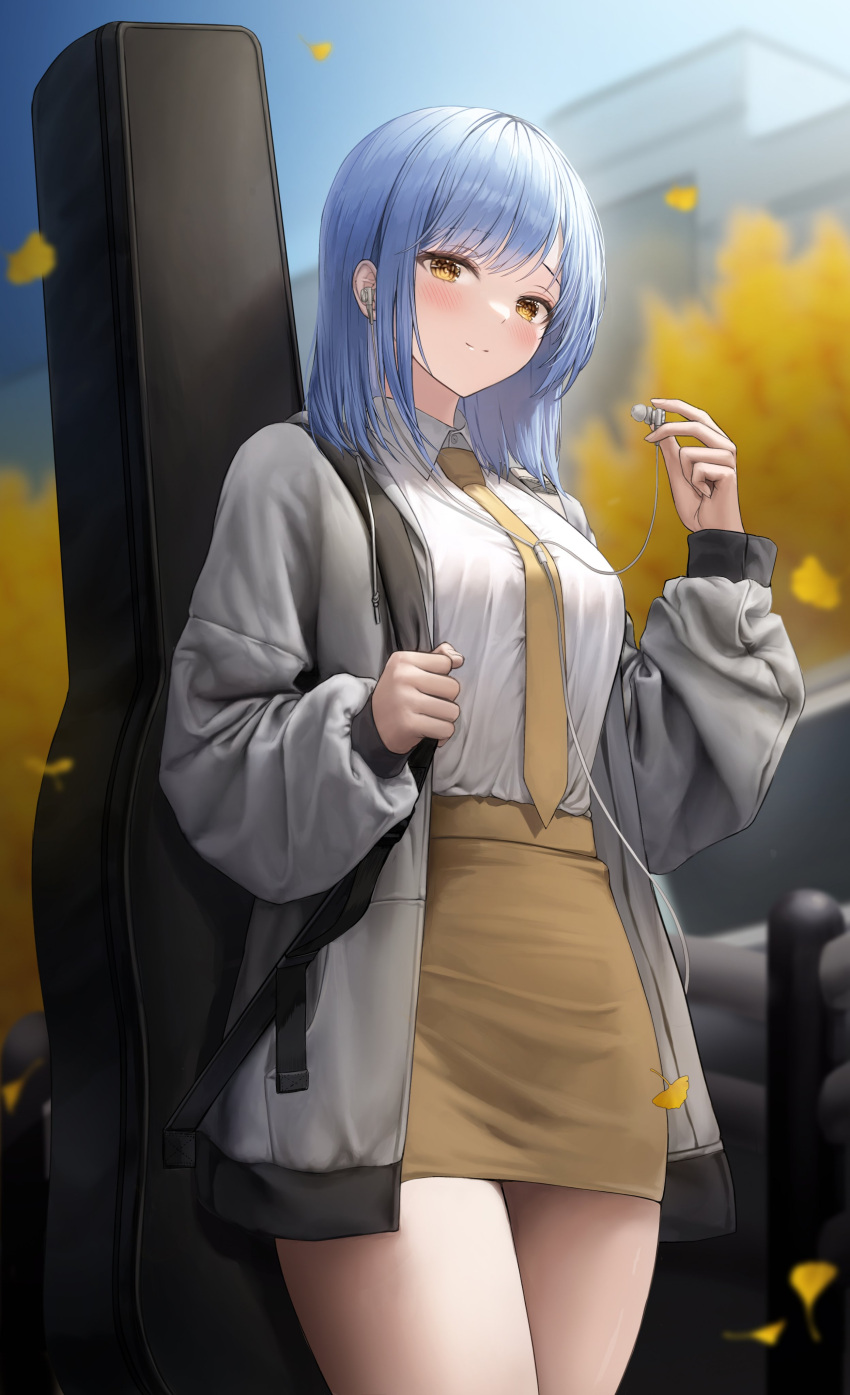 1girl absurdres autumn_leaves bangs blue_hair blush breasts brown_eyes collared_shirt commentary cowboy_shot earphones english_commentary falling_leaves guitar_case hand_up high-waist_skirt highres holding instrument_case instrument_on_back jacket leaf long_hair long_sleeves looking_at_viewer medium_breasts necktie original outdoors pencil_skirt puffy_long_sleeves puffy_sleeves shirt shirt_tucked_in sidelocks skirt solo standing thighs torrentduck white_jacket white_shirt yellow_necktie yellow_skirt