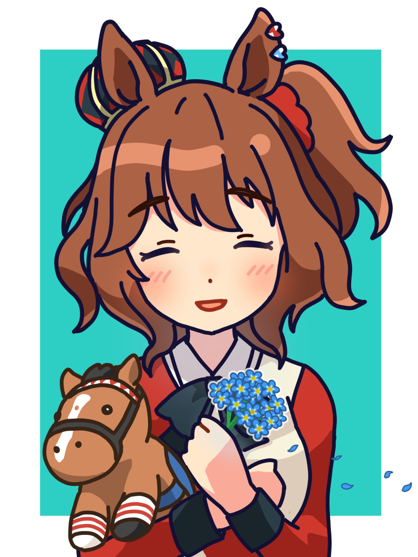 1girl absurdres animal_ears aston_machan_(umamusume) bangs blush bow bowtie breasts brown_hair closed_eyes crown facing_viewer flower highres holding holding_flower horse_ears long_sleeves medium_breasts oishi_oiru open_mouth petals red_shirt shirt short_hair side_ponytail smile solo stuffed_toy umamusume upper_body