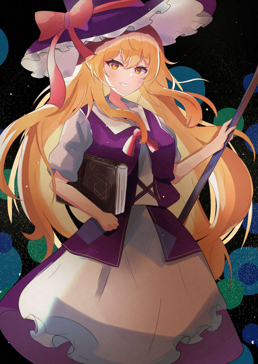 1girl absurdres black_background black_headwear blonde_hair book bow broom chirihouki closed_mouth hat hat_bow highres kirisame_marisa long_hair looking_at_viewer parted_lips purple_skirt purple_vest red_bow short_sleeves skirt smile solo touhou vest witch_hat yellow_eyes
