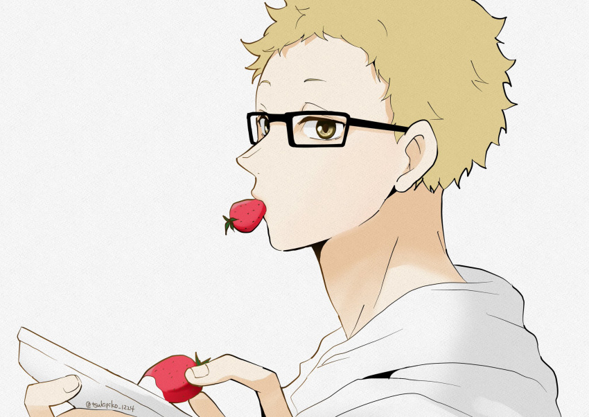 1boy blonde_hair brown_eyes food fruit glasses haikyuu!! highres holding holding_plate looking_at_viewer male_focus mouth_hold plate portrait shirt solo strawberry tomopiko_1224 tsukishima_kei white_shirt