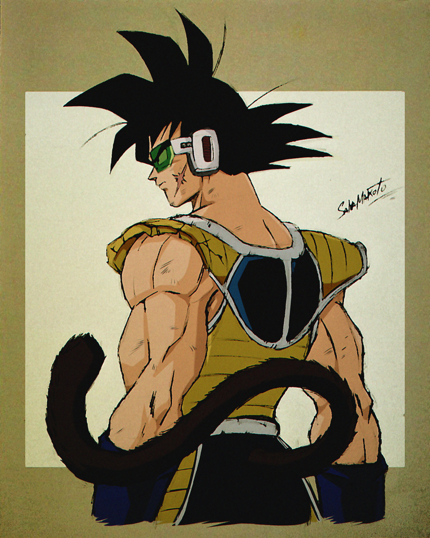 1boy artist_name bardock black_hair commentary dragon_ball dragon_ball_super highres looking_afar male_focus monkey_tail muscular muscular_male redrawn retro_artstyle saiyan_armor salvamakoto scar scar_on_cheek scar_on_face scouter solo spanish_commentary spiky_hair tail upper_body