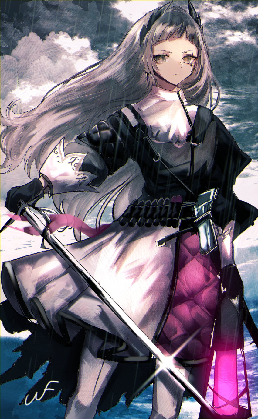 1girl ammunition_belt arknights black_dress clouds cloudy_sky dress earrings feet_out_of_frame floating_hair grey_hair grey_sky gun handgun head_wings highres holding holding_lantern holding_sword holding_weapon holstered_weapon irene_(arknights) jewelry lantern long_hair long_sleeves looking_at_viewer multicolored_clothes multicolored_dress nyakkunn outdoors overcast pantyhose pink_dress rain scar scar_across_eye signature sky solo sword very_long_hair weapon white_dress white_pantyhose yellow_eyes