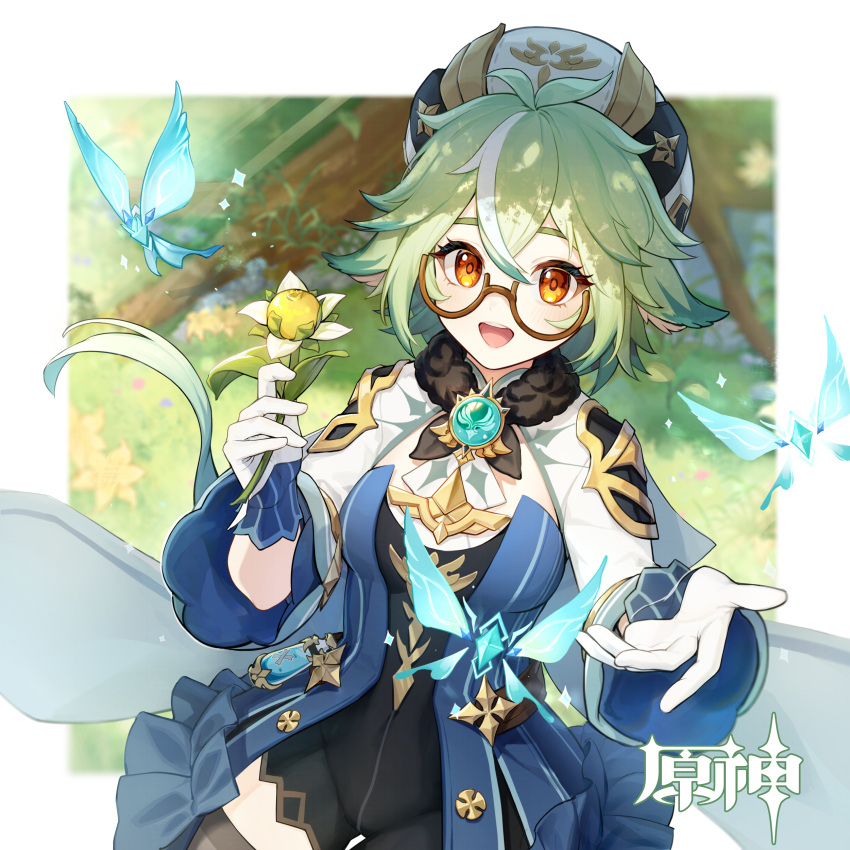 1girl absurdres animal_ears artist_request bangs black_leotard blue_hair blue_leotard breasts crystalfly_(genshin_impact) frilled_leotard frills genshin_impact glasses gloves green_hair hair_between_eyes hat highres leotard long_hair long_sleeves looking_at_viewer multicolored_hair open_mouth orange_eyes ponytail second-party_source semi-rimless_eyewear small_breasts smile solo streaked_hair sucrose_(genshin_impact) thigh-highs two-tone_leotard vision_(genshin_impact) white_gloves