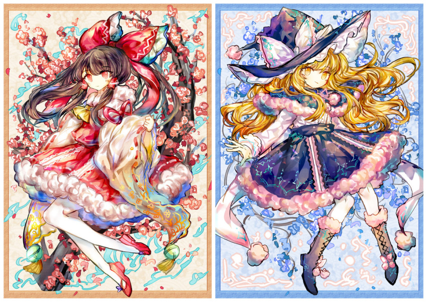 2girls ascot bangs blonde_hair blue_capelet blue_skirt boots bow brown_hair capelet chinese_commentary closed_mouth commentary_request footwear_bow frilled_hat frilled_ribbon frills fur-trimmed_boots fur-trimmed_capelet fur-trimmed_skirt fur_trim hair_ribbon hair_tubes hakurei_reimu hat hat_ribbon kirisame_marisa long_hair long_sleeves mary_janes mousanuo multiple_girls nontraditional_miko pantyhose pink_bow pom_pom_(clothes) red_eyes red_footwear red_ribbon red_shirt red_skirt ribbon shirt shoes skirt touhou white_pantyhose white_ribbon white_shirt white_sleeves witch_hat yellow_ascot yellow_eyes