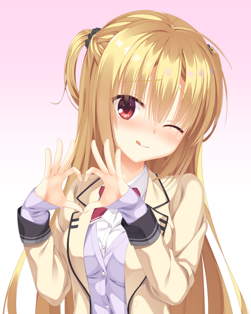 1girl 8kumagawa_(log) ;p absurdres ahoge arihara_nanami bangs black_ribbon blonde_hair blush bow bowtie collar eyelashes fingernails furrowed_brow gradient gradient_background hair_between_eyes hair_ribbon hair_strand hands_up heart heart_hands highres jacket long_hair one_eye_closed open_mouth purple_sweater red_bow red_bowtie red_eyes ribbon riddle_joker shirt short_twintails sidelocks simple_background sleeves_past_wrists solo standing sweater tehepero tongue tongue_out twintails two_side_up upper_body very_long_hair white_collar white_shirt yellow_jacket