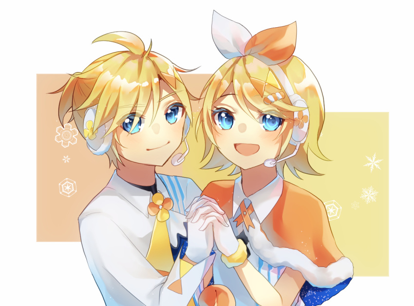 1boy 1girl :d aryuma772 bangs blonde_hair blue_eyes bow bow_hairband brother_and_sister capelet collared_shirt fur-trimmed_capelet fur_trim gloves hair_between_eyes hair_bow hairband headphones headset holding_hands interlocked_fingers kagamine_len kagamine_rin long_sleeves microphone orange_bow orange_capelet shiny shiny_hair shirt short_hair siblings smile snowflakes swept_bangs twins upper_body vocaloid white_bow white_gloves white_hairband white_shirt wing_collar