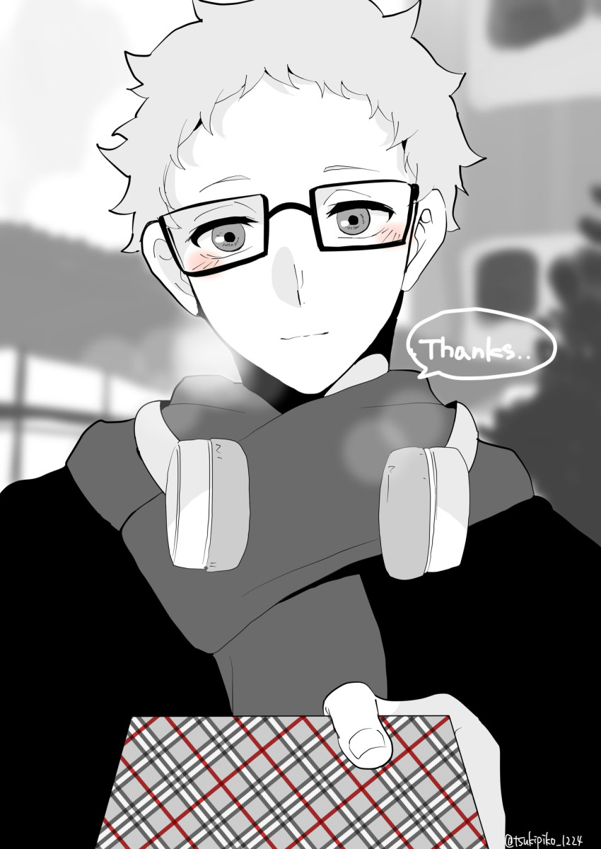 1boy blush english_text gift glasses greyscale haikyuu!! headphones highres holding holding_gift looking_at_viewer male_focus monochrome outdoors short_hair solo spot_color standing tomopiko_1224 tsukishima_kei upper_body