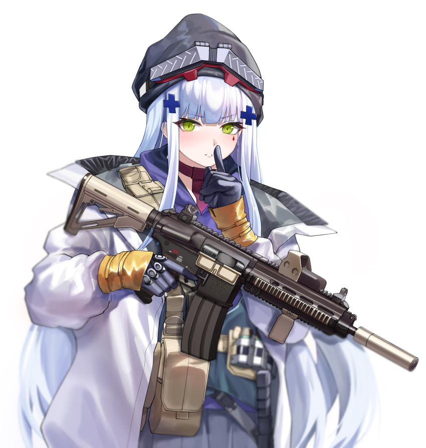 1girl 1z10 ammunition_pouch assault_rifle bangs beanie commentary_request eotech facial_mark finger_to_mouth girls'_frontline_neural_cloud girls_frontline gloves green_eyes gun h&amp;k_hk416 hair_ornament hat highres hk416_(girls'_frontline) jacket long_hair looking_at_viewer open_clothes open_jacket pouch rifle shushing simple_background solo suppressor trigger_discipline upper_body vertical_foregrip weapon white_background white_hair white_jacket