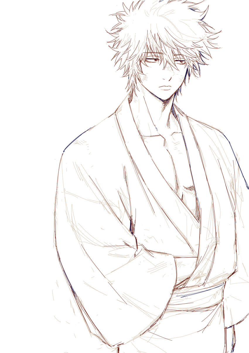 1boy absurdres bangs closed_mouth collarbone gintama greyscale hair_between_eyes hand_under_clothes highres japanese_clothes kimono long_sleeves looking_away male_focus monochrome sakata_gintoki simple_background solo uraki_(tetsu420) white_background wide_sleeves