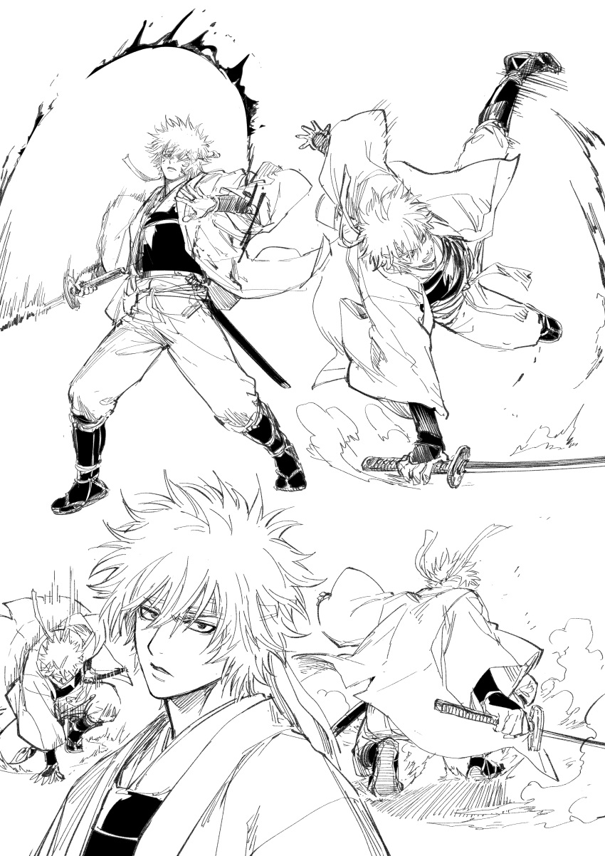 1boy absurdres arm_guards armor bangs breastplate clenched_teeth gintama greyscale hair_between_eyes handstand highres holding holding_sword holding_weapon japanese_clothes katana kimono long_sleeves male_focus monochrome multiple_views parted_lips sakata_gintoki shoe_soles slashing standing sword teeth uraki_(tetsu420) weapon white_background wide_sleeves