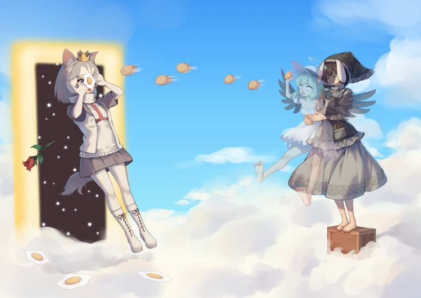 &gt;_&lt; 3girls alternate_costume animal_ears bangs black_wings blue_sky blush box breasts carrot clouds commentary cosplay crossover crown dog_(mixed_breed)_(kemono_friends) dog_ears dog_girl dog_tail dress egg_(food) egging flower food full_body green_hair grey_dress grey_hair grey_skirt halo haniyasushin_keiki haniyasushin_keiki_(cosplay) inaba_tewi jewelry kemono_friends komeiji_koishi looking_at_another magatama magatama_necklace mechrailgun miniskirt multiple_girls necklace open_mouth pantyhose portal_(object) rose short_hair skirt sky small_breasts symbol-only_commentary tail throwing touhou white_dress white_pantyhose wings