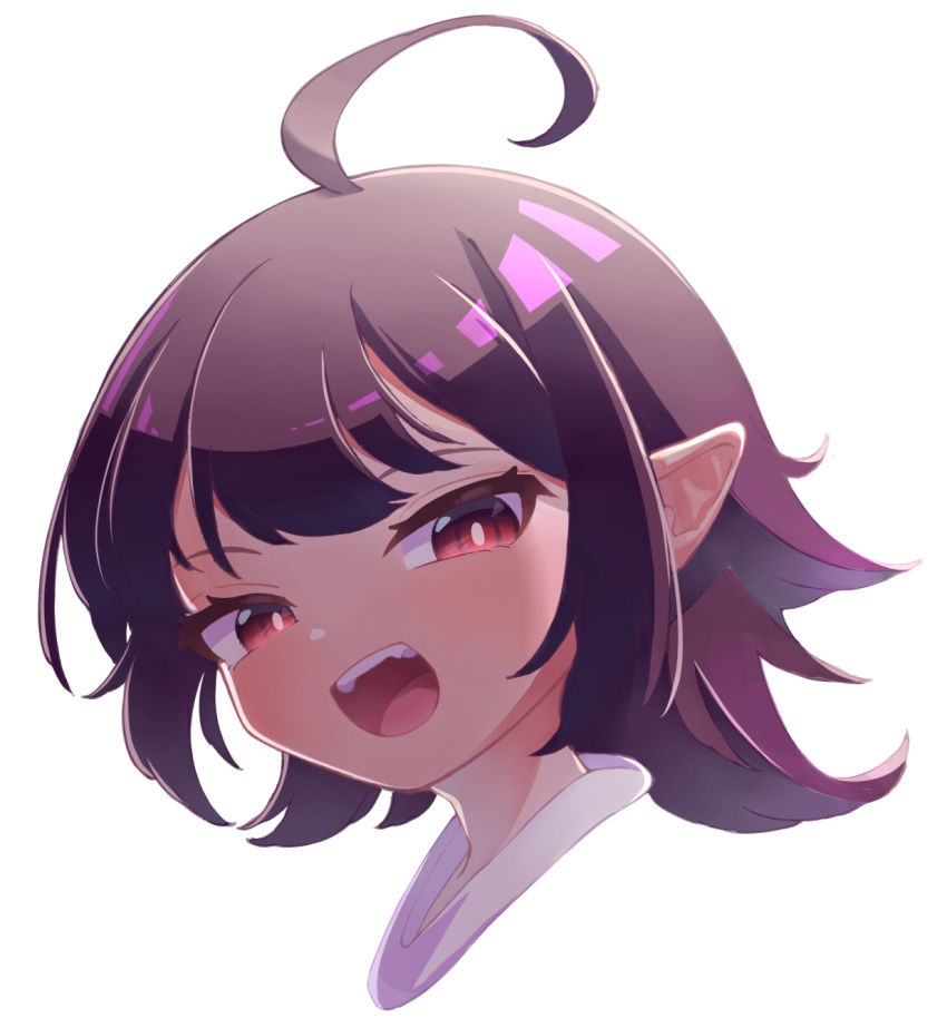 1girl ahoge bangs black_hair blush commentary_request highres houjuu_nue looking_at_viewer open_mouth oyatu_potage pointy_ears portrait red_eyes short_hair simple_background smile solo touhou white_background