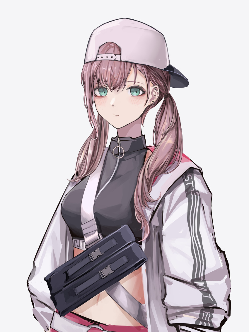 1girl absurdres alternate_hairstyle aqua_eyes ar-57_(girls'_frontline) bangs baseball_cap black_shirt blush breasts closed_mouth commentary crop_top ear_piercing girls_frontline hat highres jacket lithographica long_hair long_sleeves looking_at_viewer medium_breasts open_clothes open_jacket piercing pink_hair shirt solo twintails upper_body white_background white_headwear white_jacket
