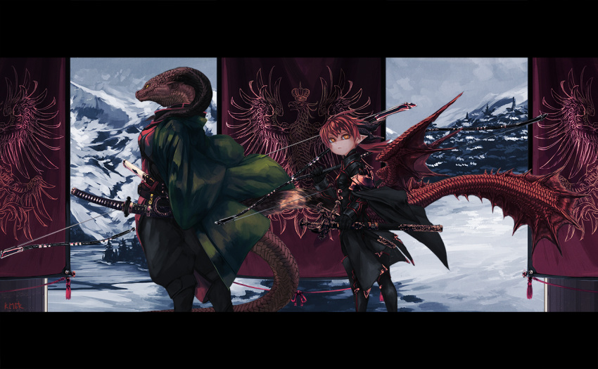 1girl 2girls armor banner black_coat black_footwear black_gloves black_pants boots bow_(weapon) breasts coat day dragon dragon_girl dragon_horns dragon_tail dragon_wings feet_out_of_frame flag from_side furry furry_female gloves green_coat hand_up holding holding_bow_(weapon) holding_sword holding_weapon horns kmbk letterboxed looking_at_viewer looking_away looking_to_the_side monster_girl multiple_girls multiple_swords nature original pants pauldrons pointy_ears profile red_tabard red_wings redhead short_hair shoulder_armor slit_pupils snow solo standing sword tabard tail thigh_boots weapon wings winter yellow_eyes